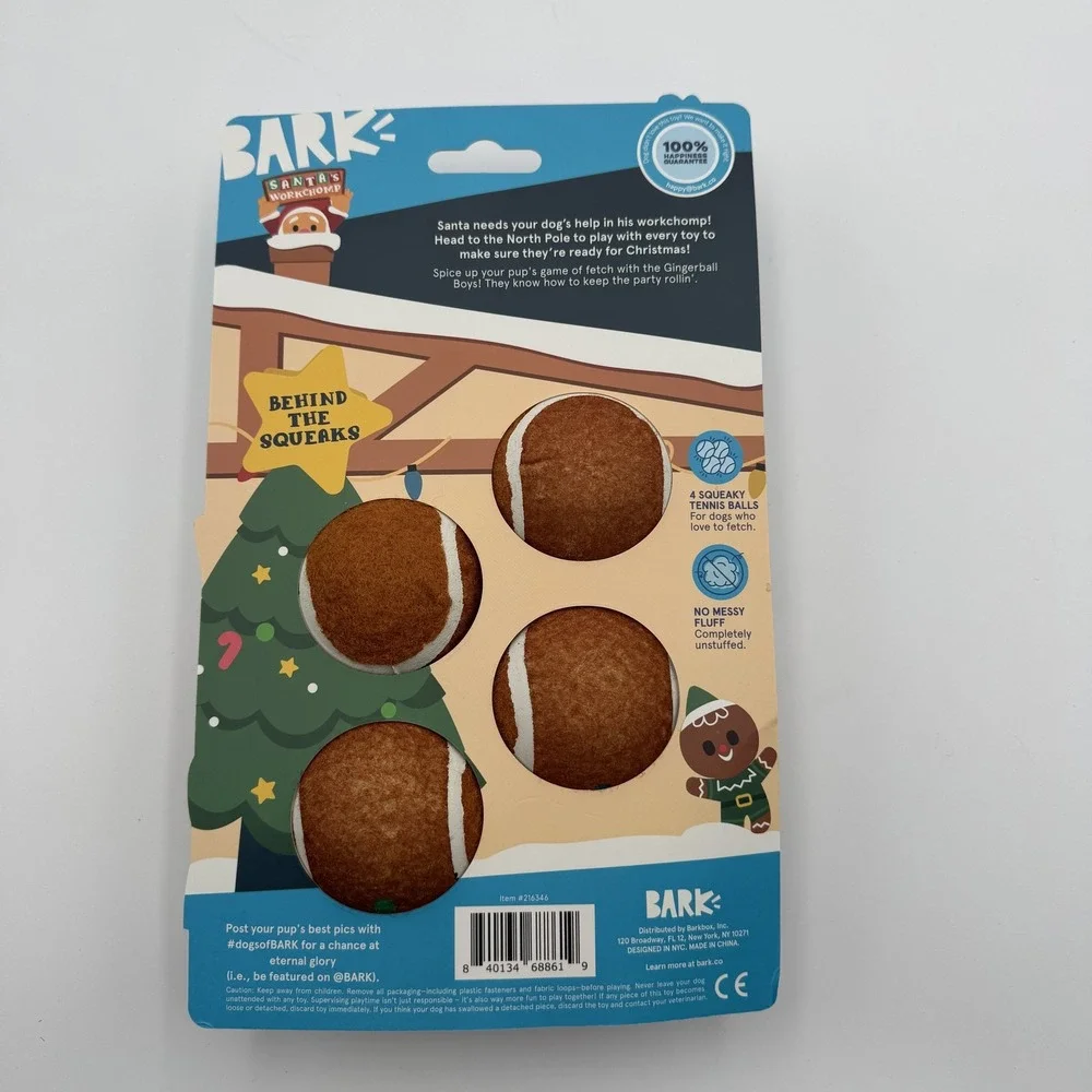 BARK Santa's Workchomp Gingerball Boys 4pc Squeaky Dog Toy NWT